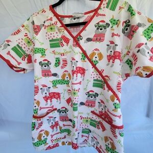 UA Scrub Christmas L Red and White Print Top with Tie Back.